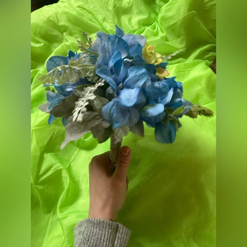 Wedding Bride Bridesmaid Bouquet Floral Leaves Silver Blue Green Peach Hydrangea